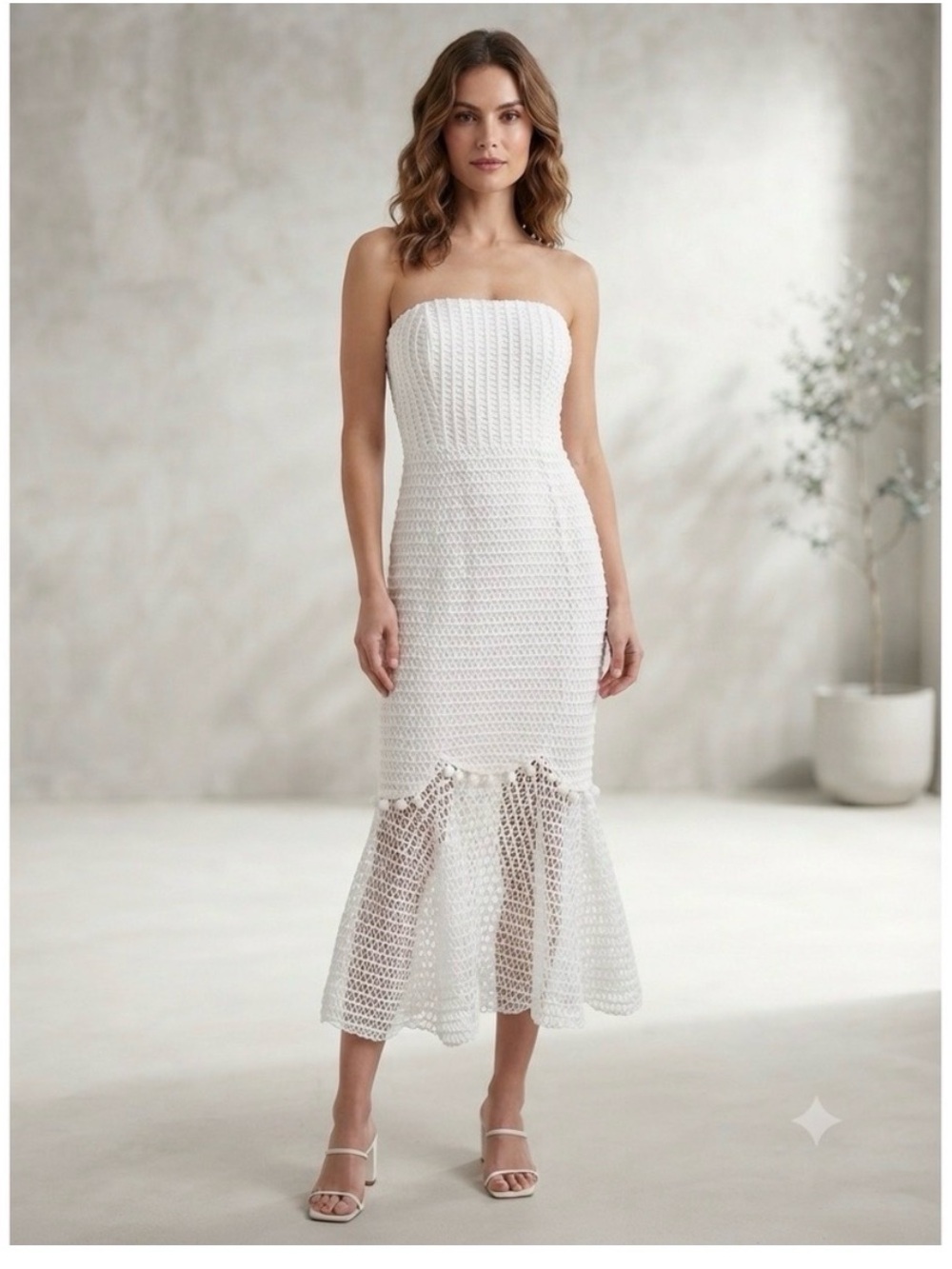 Hello Molly White Strapless Crochet Midi Dress